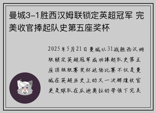 曼城3-1胜西汉姆联锁定英超冠军 完美收官捧起队史第五座奖杯